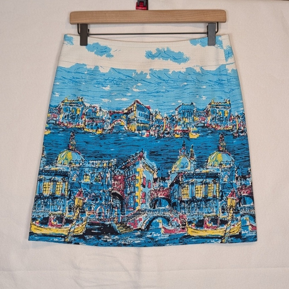 Talbots Petites Venice Italy Scenic Print A-Line Skirt Blue White 4P Novelty